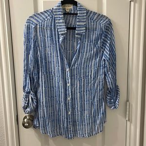 Blue and White Semi Sheer Button Down Shirt